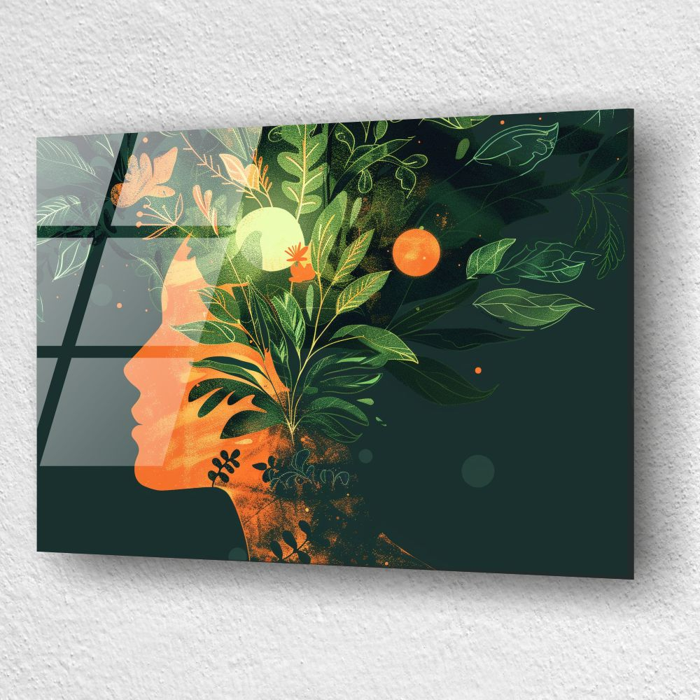 tablou din sticla acrilica profil feminin cu coroana botanica luxurianta si accente cosmice [3]