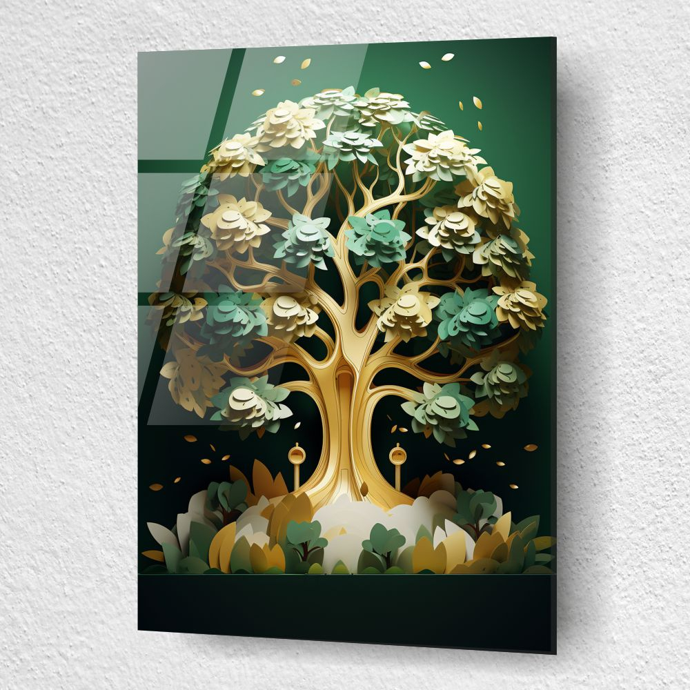 tablou din sticla acrilica Viridia Aurea cu copac aur-verde si fundal emerald mat [3]