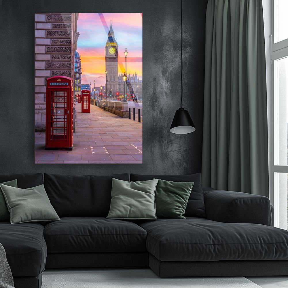 tablou din sticla acrilica Westminster London la inserat cu cer portocaliu si bleu [2]