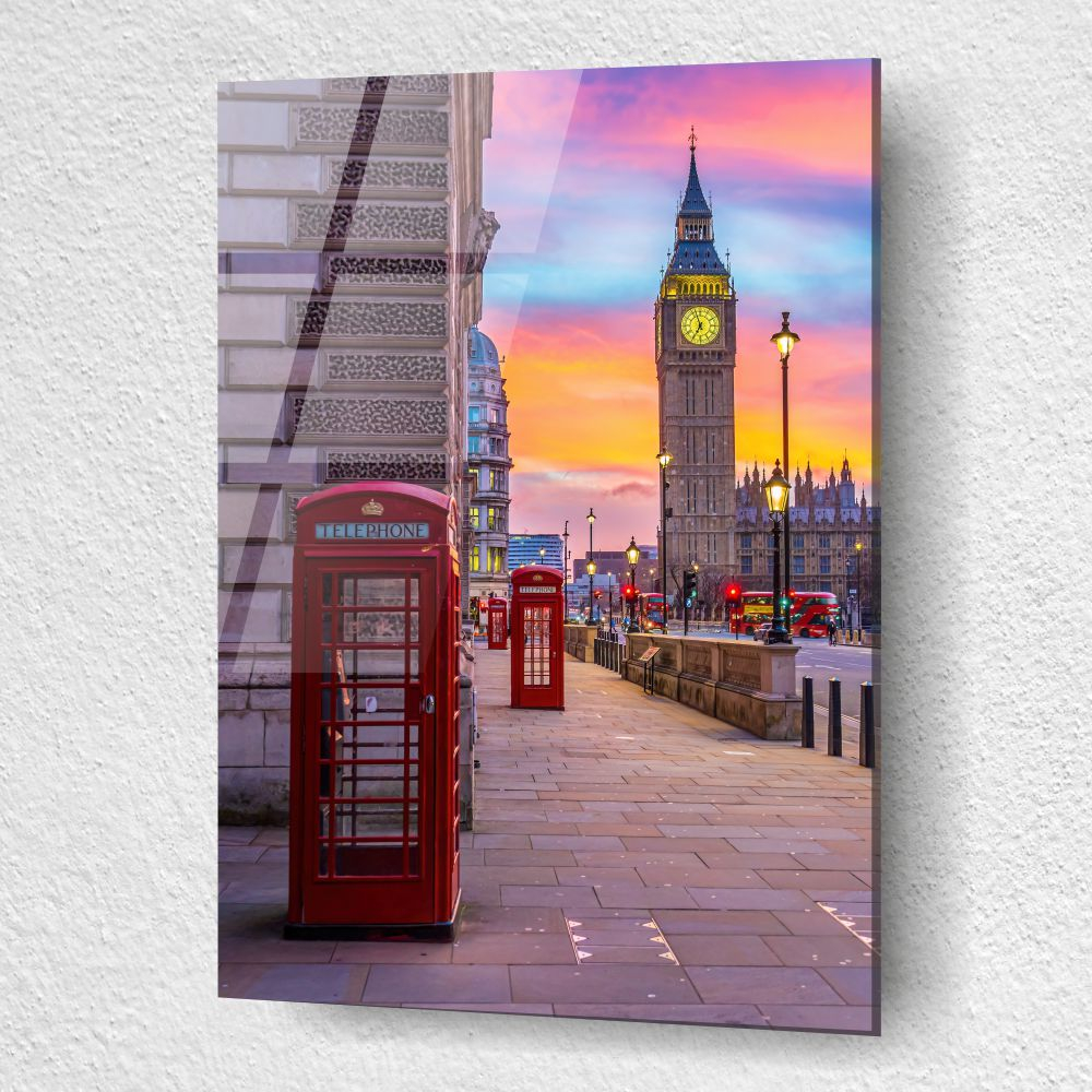 tablou din sticla acrilica Westminster London la inserat cu cer portocaliu si bleu [3]