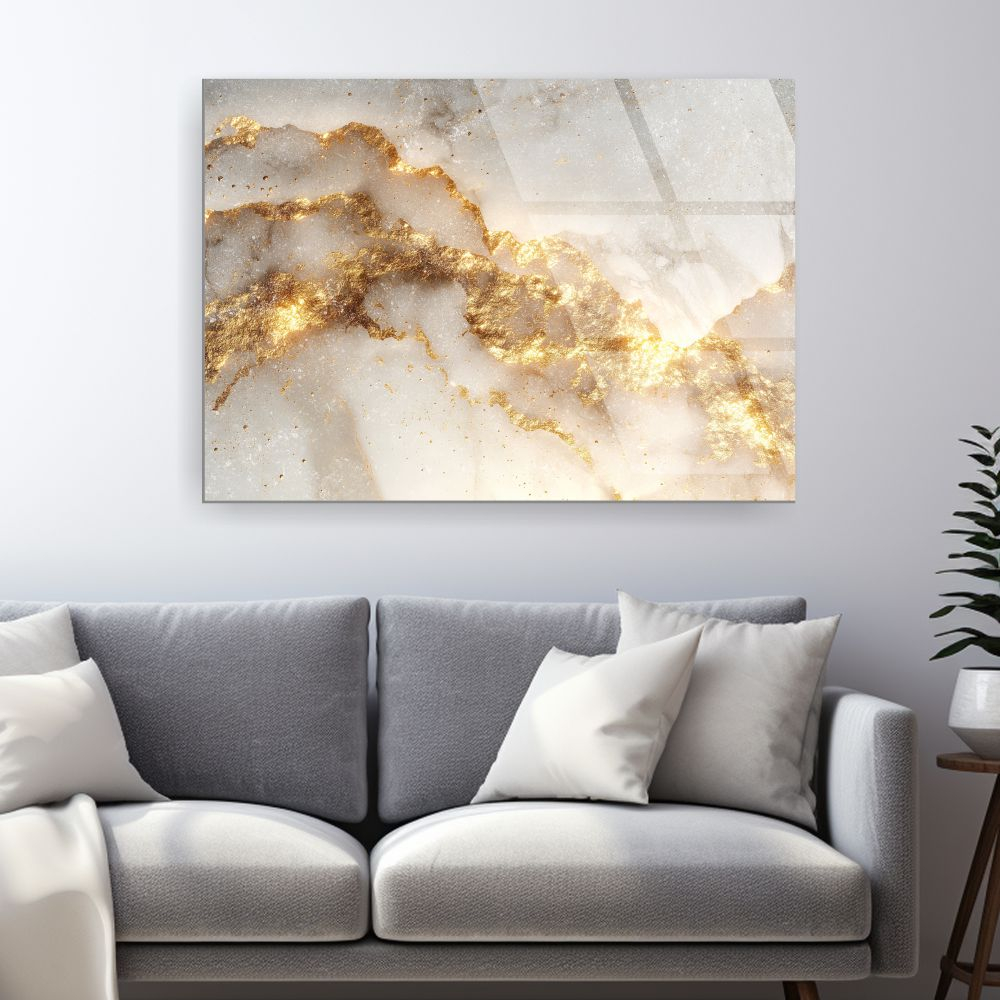 tablou abstract marmură albă cu venă aurie pe sticlă acrilică [2]