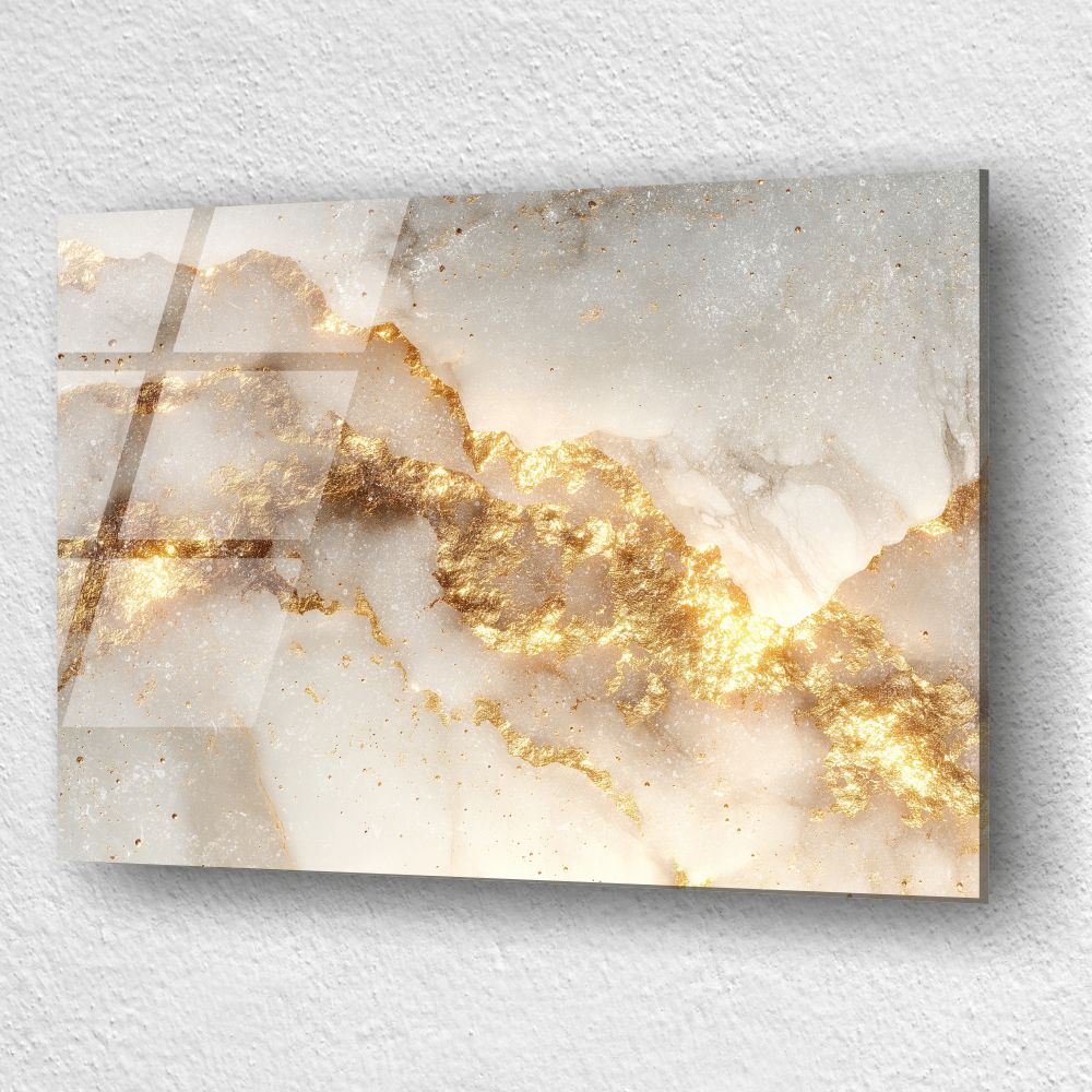 tablou abstract marmură albă cu venă aurie pe sticlă acrilică [3]
