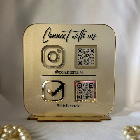 QR & Social - Plăcuță plexiglas auriu cu cod QR personalizat – model satin și oglindă pentru spații elegante