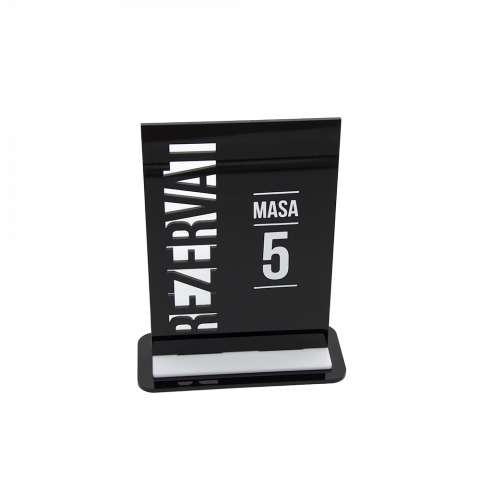 Placute & Semnalistica - Plăcuță rezervat cu număr masă din plexiglas negru și alb, text decupat laser și număr imprimat