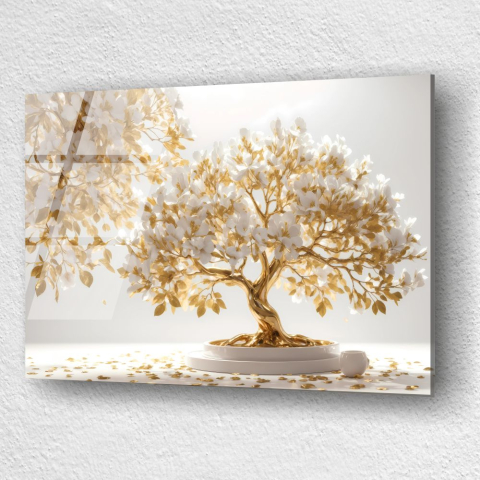 tablou din sticla acrilica cu arbore auriu mural si flori albe [2]