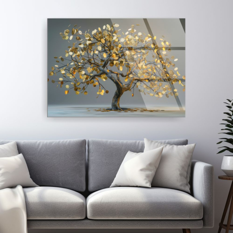 tablou din sticla acrilica cu arbore auriu si frunze din monede [1]