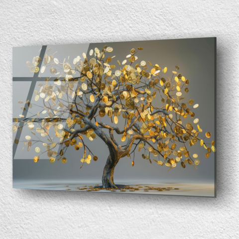 tablou din sticla acrilica cu arbore auriu si frunze din monede [2]