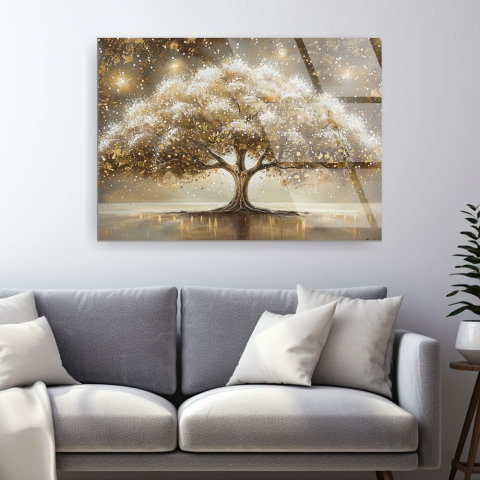 tablou din sticla acrilica cu arbore abstract si reflexii aurii pe apa [1]