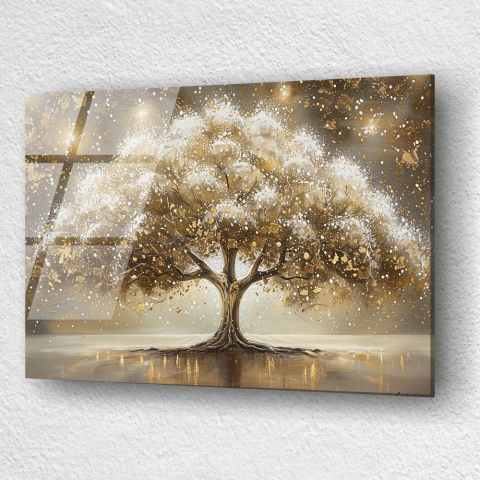 tablou din sticla acrilica cu arbore abstract si reflexii aurii pe apa [2]