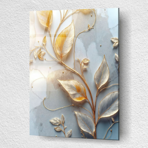 tablou din sticla acrilica cu crenguta botanica aurie si argintie, contur aur lichid [2]