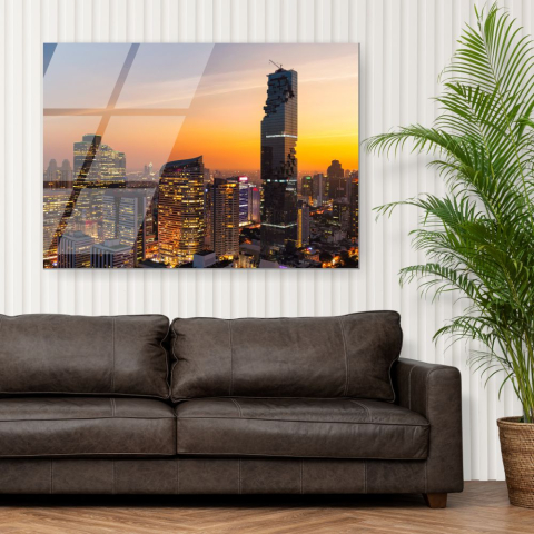 Tablouri cu orase celebre - tablou din sticla acrilica Bangkok Skyline cu cladiri moderne si zona de business