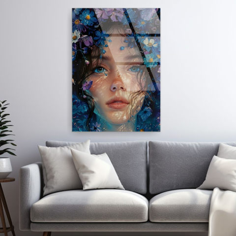 tablou din sticlă acrilică Blue Violet Portrait cu portret frontal si coroană florală alb-violet [2]