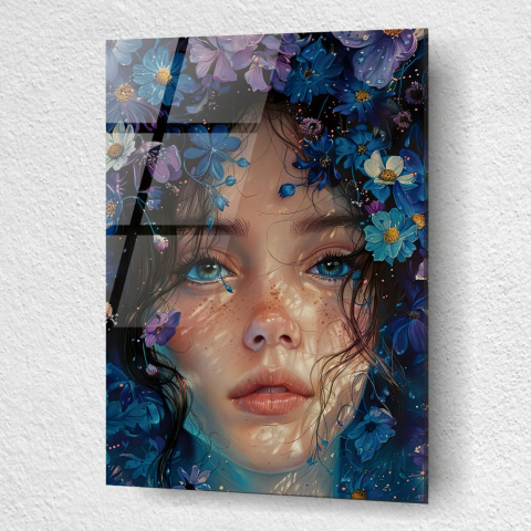 Siluete & Portrete Artistice - tablou din sticlă acrilică Blue Violet Portrait cu portret frontal si coroană florală alb-violet