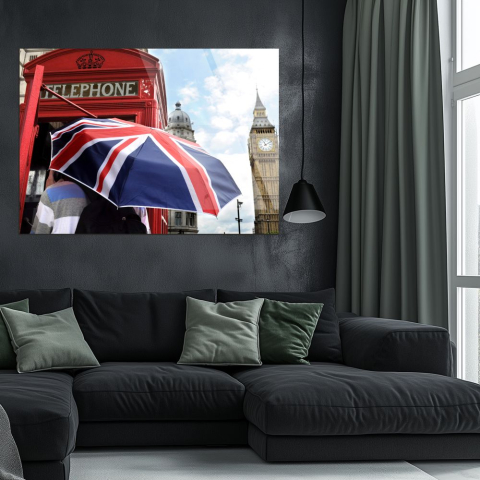 Tablouri cu orase celebre - tablou din sticla acrilica tanar cu umbrela steag UK Londra Big Ben