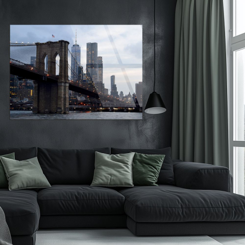 tablou din sticla acrilica Brooklyn Bridge New York cu cer gri dramatic [1]