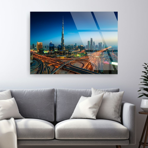 Tablouri cu orase celebre - tablou din sticla acrilica Burj Khalifa Dubai cu vedere aeriana si autostrazi