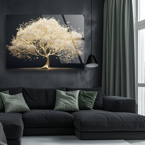 tablou din sticla acrilica Celestia Arbor, copac abstract aurit cu elemente albe pe fundal negru [1]