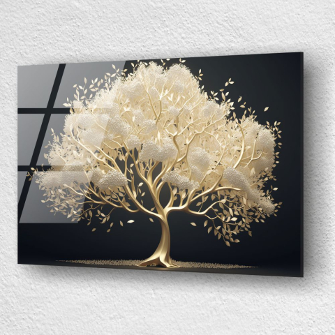 tablou din sticla acrilica Celestia Arbor, copac abstract aurit cu elemente albe pe fundal negru [2]