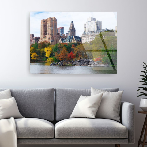 tablou din sticla acrilica Central Park Manhattan cu copaci colorati si skyline in funda [1]