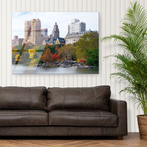 Tablouri cu orase celebre - tablou din sticla acrilica Central Park Manhattan cu copaci colorati si skyline in funda