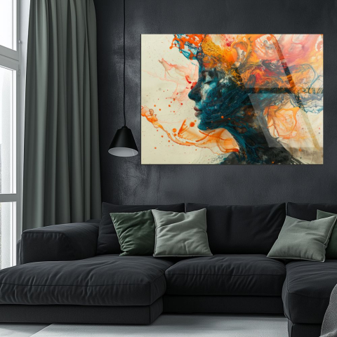 tablou din sticla acrilica Creative Burst cu profil feminin si explozie de culoare [1]