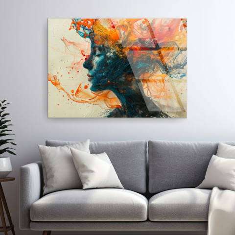 Siluete & Portrete Artistice - tablou din sticla acrilica Creative Burst cu profil feminin si explozie de culoare