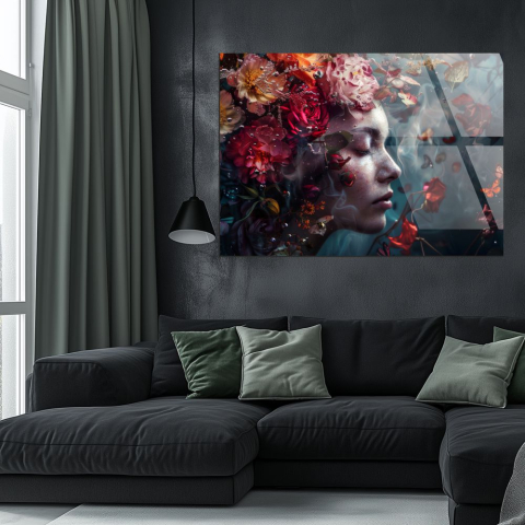 tablou din sticla acrilica profil feminin eteric cu trandafiri si fluturi [1]
