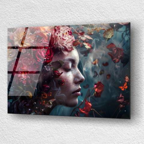 tablou din sticla acrilica profil feminin eteric cu trandafiri si fluturi [2]