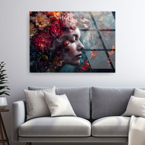 Siluete & Portrete Artistice - tablou din sticla acrilica profil feminin eteric cu trandafiri si fluturi