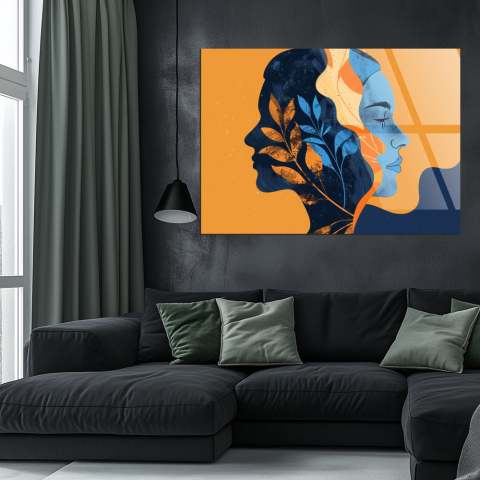 Siluete & Portrete Artistice - tablou din sticla acrilica doua profile feminine abstract cu elemente botanice