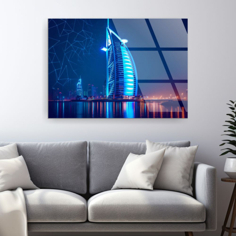 Tablouri cu orase celebre - tablou din sticla acrilica Dubai Nights cu Burj Al Arab iluminat neon si cer cu stele