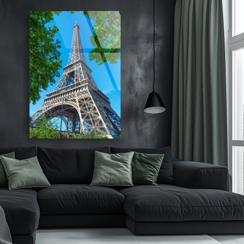 Tablouri cu orase celebre - tablou din sticla acrilica Turn Eiffel vazut printre copaci Paris