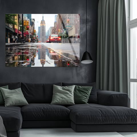 tablou din sticla acrilica Empire State Building New York cu reflexii si masina rosie [1]