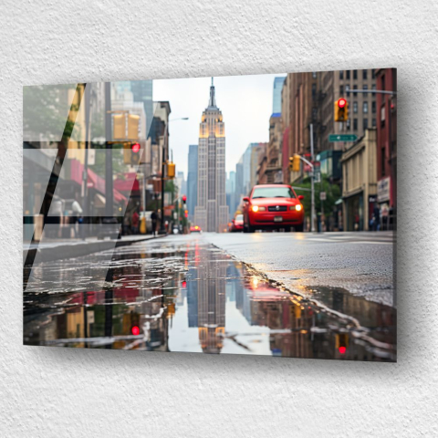 tablou din sticla acrilica Empire State Building New York cu reflexii si masina rosie [2]