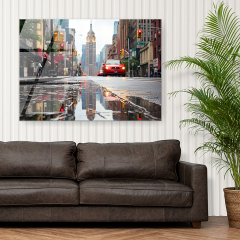 Tablouri cu orase celebre - tablou din sticla acrilica Empire State Building New York cu reflexii si masina rosie