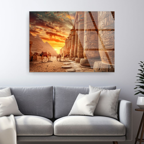 Tablouri cu orase celebre - tablou din sticla acrilica cu piramide camile si hieroglife egiptene