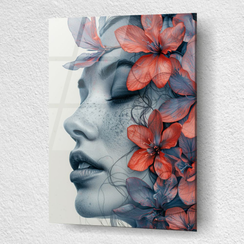 tablou din sticla acrilica Floral Portrait cu profil feminin si flori integrate organic [2]