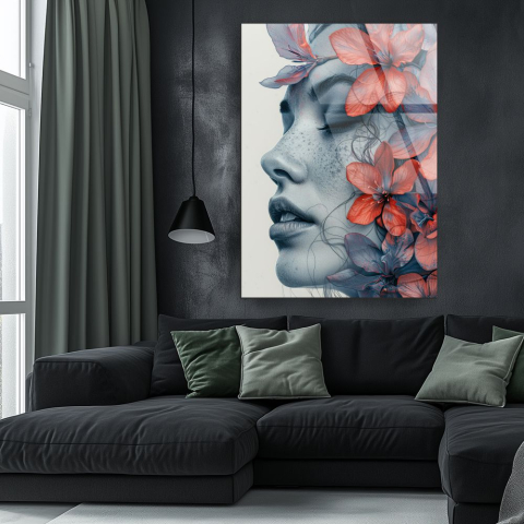 Siluete & Portrete Artistice - tablou din sticla acrilica Floral Portrait cu profil feminin si flori integrate organic