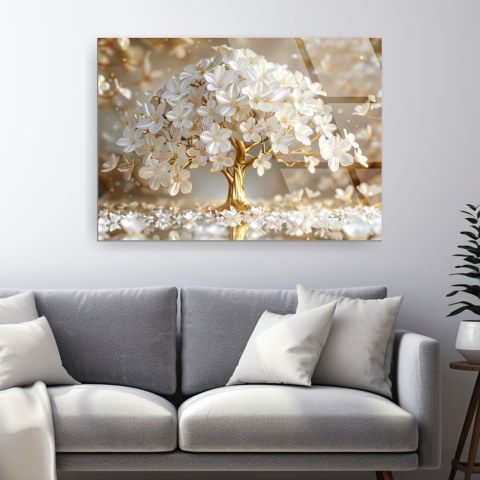 tablou din sticla acrilica Floris Aurea cu flori albe si rama aurie [1]