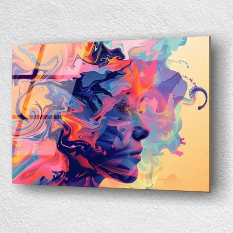 tablou din sticla acrilica portret femeie abstract cu valuri colorate [2]