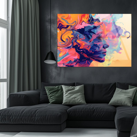 Siluete & Portrete Artistice - tablou din sticla acrilica portret femeie abstract cu valuri colorate