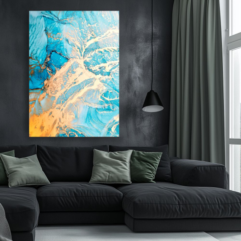 Texturi Abstracte - tablou abstract golden reef turquoise din sticla acrilica cu retea aurie si turcoaz