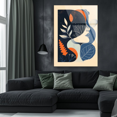 Siluete & Portrete Artistice - tablou din sticla acrilica portret feminin minimalist cu elemente botanice