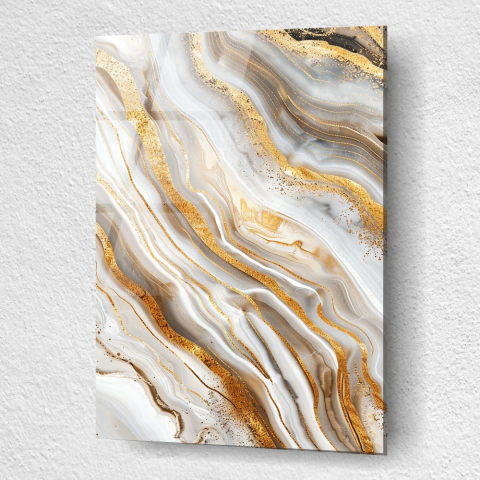tablou abstract Ivory & Gold Agate pe sticlă acrilică cu accente aurii [2]