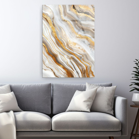 tablou abstract Ivory & Gold Agate pe sticlă acrilică cu accente aurii [1]