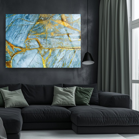 tablou abstract lapis lazuli cu fracturi aurii pe sticlă acrilică [1]