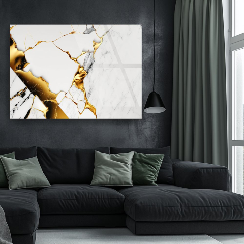 Texturi Abstracte - tablou abstract marble gold din sticla acrilica cu marmura alba si aur lichid