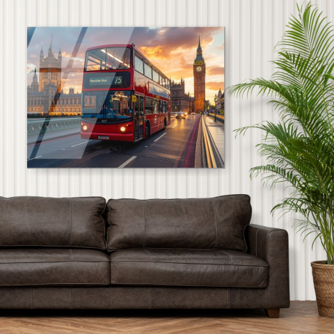 Tablouri cu orase celebre - tablou din sticla acrilica cu autobuz rosu londonez si Big Ben la apus