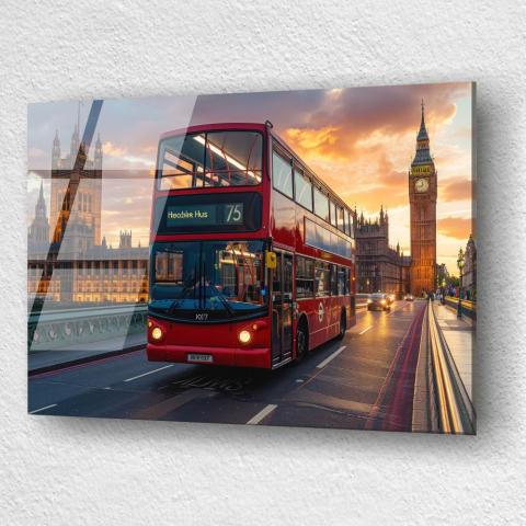 tablou din sticla acrilica cu autobuz rosu londonez si Big Ben la apus [2]