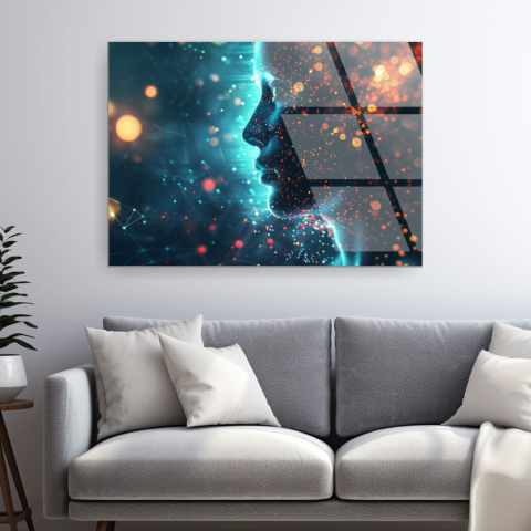 Siluete & Portrete Artistice - tablou din sticla acrilica profil digital feminin/androgin cu particule luminoase si retele conexiuni